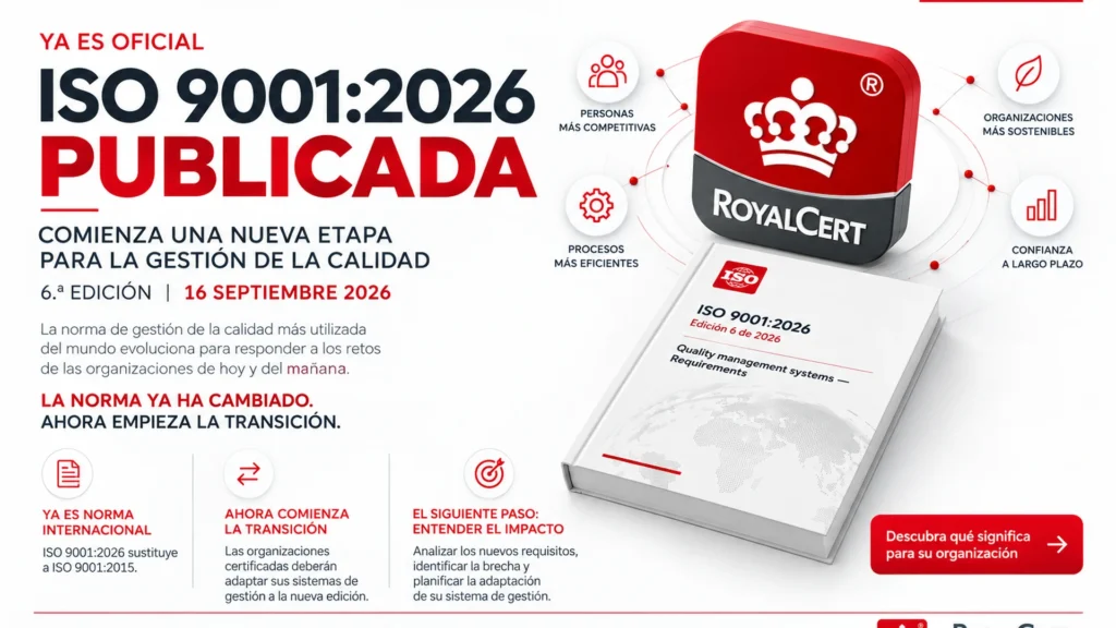 Documento de la norma ISO 9001:2026 sobre una mesa de trabajo junto a un sistema de gestión de calidad certificado
